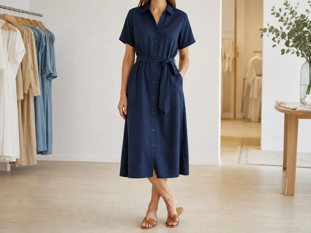 Vestido camisero azul marino de manga corta, con cinturón anudado y botones hasta el bajo