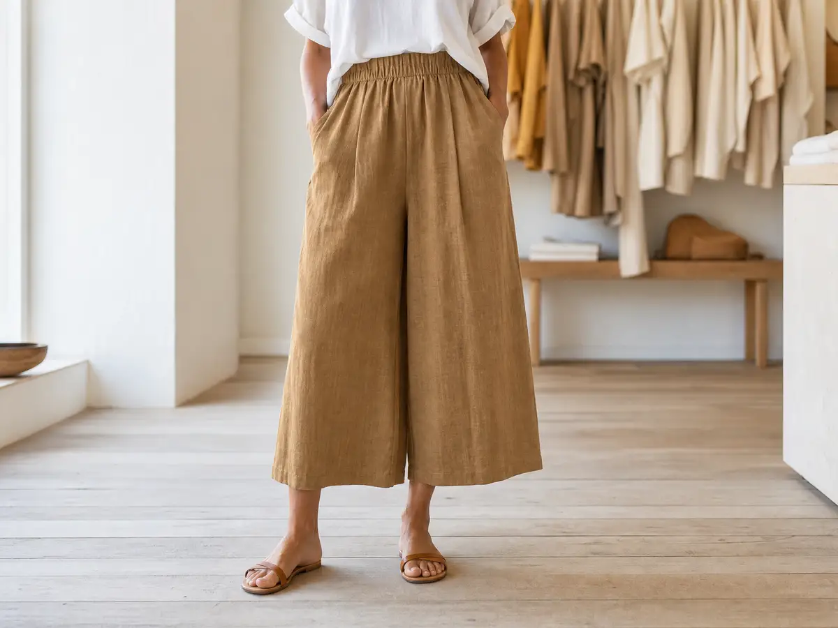 Pantalón culotte de lino color tostado, de pierna ancha y cinturilla elástica